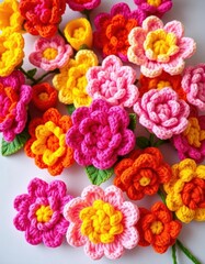 Vibrant pink, yellow, and orange granny square flowers crocheted in various sizes, textile, handmade