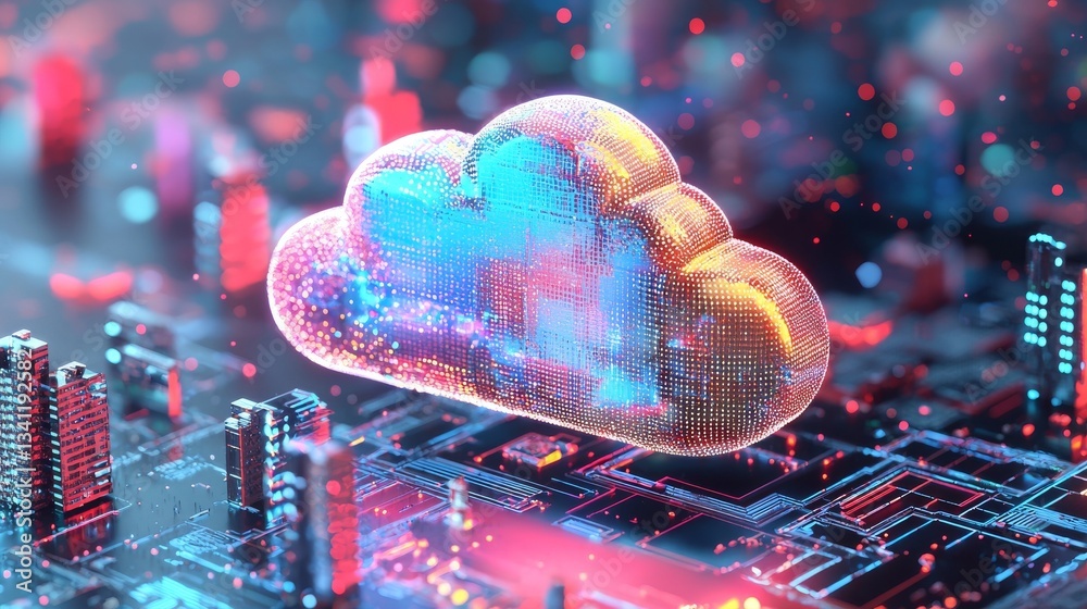 Poster the cityscape features a smart city network with integrated data cloud technology, cloud computing, 