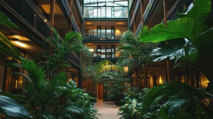 A small office building interior with a central courtyard, glass ceilings, and lush plants