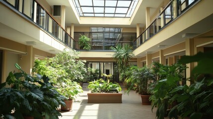 A small office building interior with a central courtyard, glass ceilings, and lush plants
