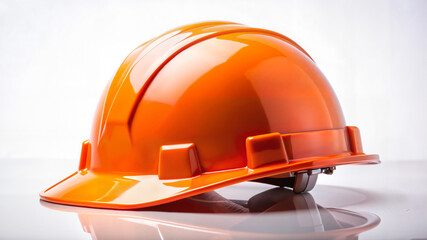 Fototapeta premium Orange construction helmet on reflective surface