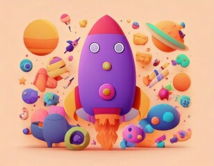 Whimsical Cartoon Rocket Launching into a Colorful Space