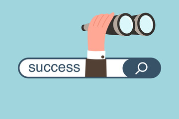 Search of great success, planning path to achieve excellence in work, achieving getting career promotion, accuracy in setting goals, high results, hand with binoculars from search bar with success.