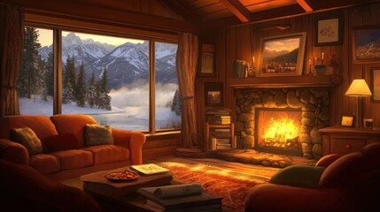 Cozy mountain cabin living room at sunrise