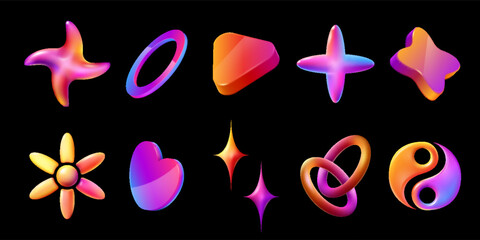 Set of 3D abstract neon colorful y2k shapes. Collection of gradient vibrant trendy color futuristic elements.