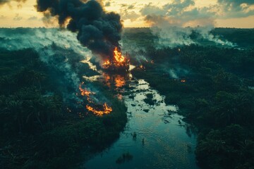 Obraz premium At sunset, an aerial view captures the silhouette of an offshore jack-up drilling rig in the oil and gas industry