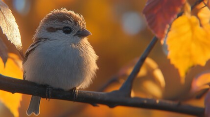 Fototapeta premium Small bird perched on branch, autumnal colors