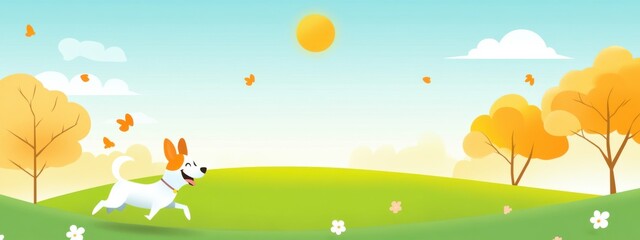 Happy Dog Running in Bright Spring Landscape with Butterflies