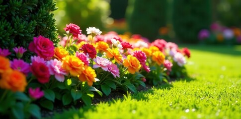 Obraz premium Sunlit, rectangular flowerbed bursting with colorful flowers, manicured lawn , landscape, flowers