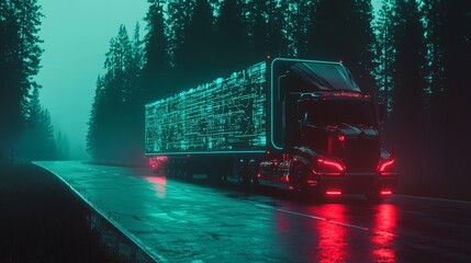 A digitized highway serves as the backdrop for a futuristic truck that shines with vibrant, neon blue and red illumination as it speeds by
