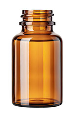 An empty amber glass bottle with a threaded neck isolated on a white background showing its transparency and shape	