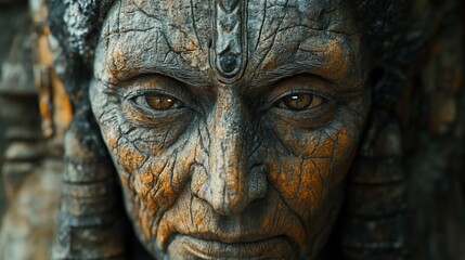 Ancient Sculpture Face Close-Up, Depicting Wisdom and Intricate Details