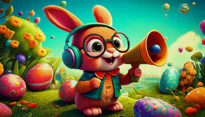 oil painting style cartoon character baby Cute fluffy rabbit and colorful Easter eggs