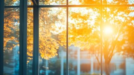 Autumn sun shining through glass window, showing fall foliage and cityscape.
