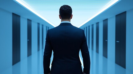 A suited figure stands in a futuristic corridor, illuminated by soft blue light, facing closed doors that suggest mystery and potential paths ahead.