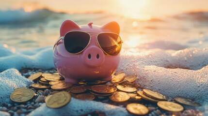 On a sunny beach, a pink piggy bank in trendy sunglasses relaxes next to a pile of gold coins, embodying the concept of holiday savings and wealth from investments