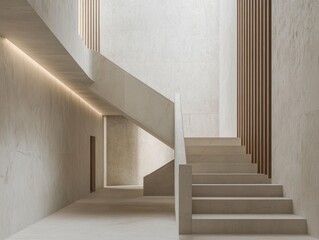 Obraz premium A staircase is shown in a white room. The staircase is made of stone and has a wooden railing