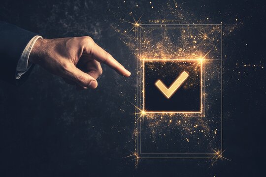 Someone taps a virtual checklist on a see-through screen, embodying tasks, productivity, and digital organization against a solid backdrop