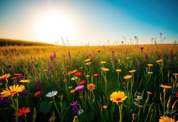 Obraz premium Sun-drenched meadow bursting with vibrant wildflowers, wildflower meadow, spring
