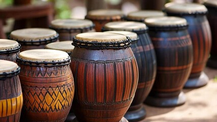 Craftsmen showcase traditional hand-crafted drums in vibrant colors at a local market in the afternoon sun