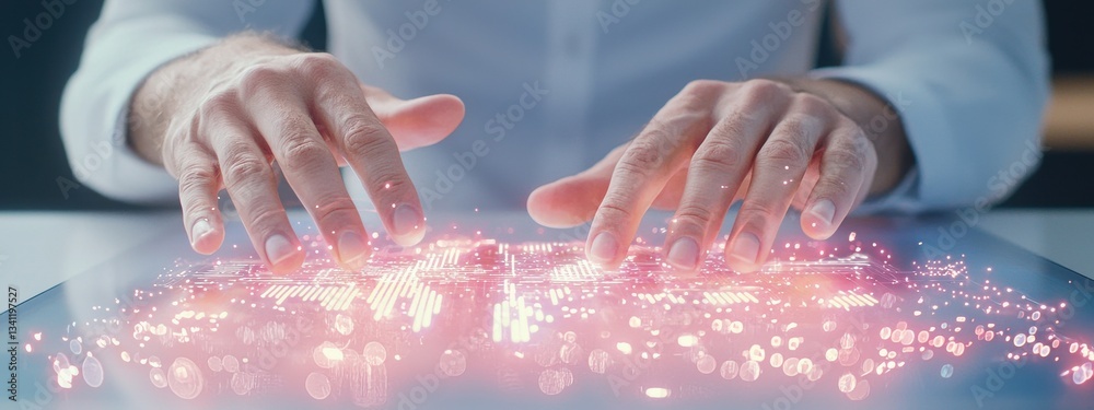 Poster hands interacting with transparent digital interface displaying data