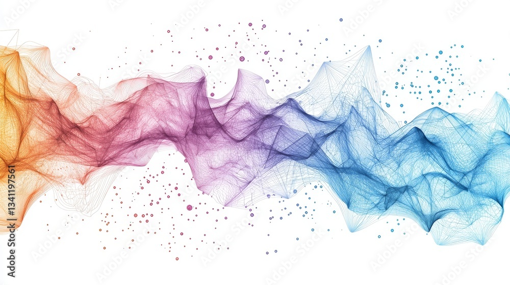 Poster the abstract design of colorful waves with connecting dots and lines serves as a digital technology 