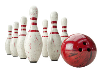 A red bowling ball rolling towards a set of white pins with red stripes isolated on a white background	