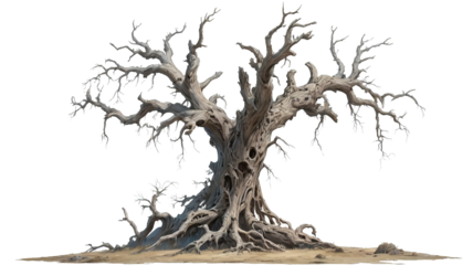 Cracked, dying tree with roots clawing the ground, isolated and eerie.    Isolated transparent background