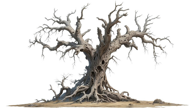 Cracked, dying tree with roots clawing the ground, isolated and eerie.    Isolated transparent background