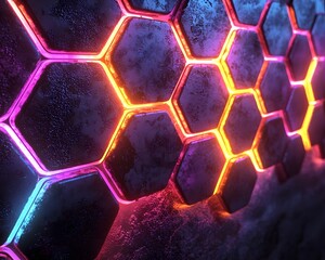Glowing neon honeycomb pattern against a textured backdrop