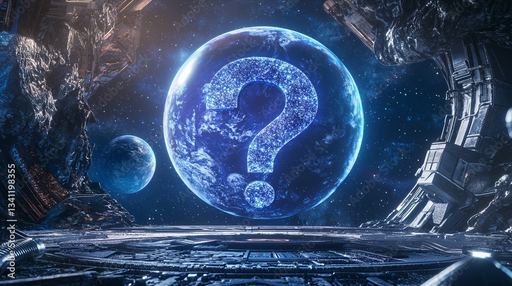 Poster the control room of the future features a question mark alongside an array of technical information