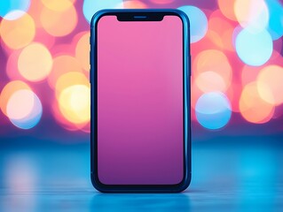 A smartphone with a blank screen is displayed against a vibrant, blurred bokeh background featuring colorful lights.