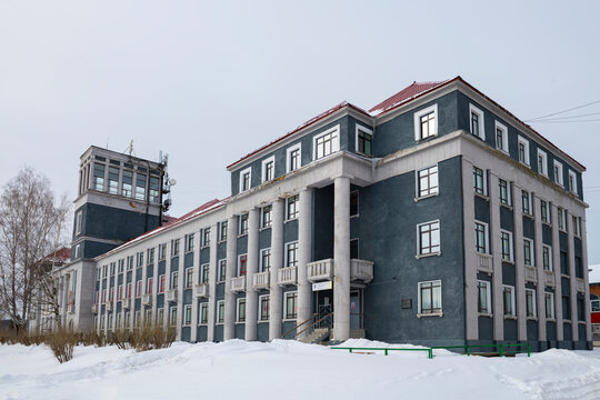 MEDVEZHEGORSK, RUSSIA - MARCH 15, 2025: The White Sea Canal Administration Building on a cloudy March day