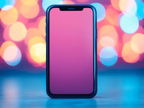 A smartphone with a blank screen is displayed against a vibrant, blurred bokeh background featuring colorful lights. - Powered by Adobe
