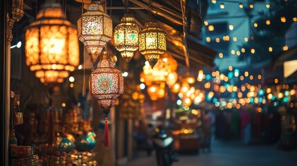 Obraz premium Enchanting Night Market with Hanging Lanterns