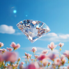 Fototapeta premium Among the pretty little flowers neatly placed below against the blue sky, a brilliant diamond is floating