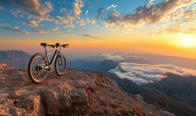 Obraz premium Mountain biking's essence of adventure and freedom is captured by a bike parked against a dazzling backdrop of snow-covered mountain peaks in a beautiful setting