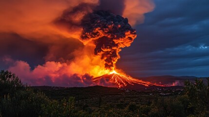 Volcanic Eruption at Dusk Over Mountain Landscape