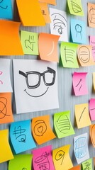 Colorful Sticky Notes with Drawings and Smiley Face on Wall