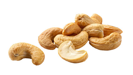 A small pile of fresh cashew nuts with curved shapes and golden-brown color isolated on a white background	