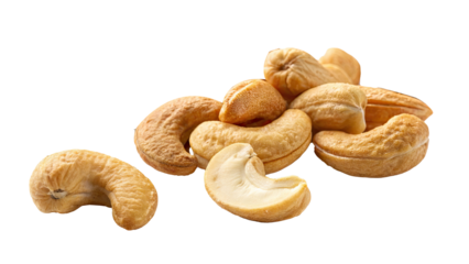 A small pile of fresh cashew nuts with curved shapes and golden-brown color isolated on a white background	