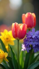 Obraz premium Vibrant tulips, daffodils, and hyacinths bloom , wallpaper, flower