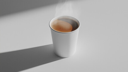 45-degree angle of hot coffee in a plain white paper cup on a white background.