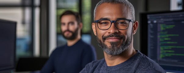 Two professionals in an office setting, one smiling in the foreground, showcasing a collaborative and focused work environment with screens displaying code.