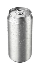 A silver aluminum soda can with water droplets on the surface isolated on a white background	