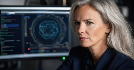 A focused woman analyzes complex data on a computer screen, showcasing her expertise in technology and data analysis.