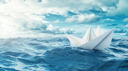 The image of a white paper boat on the ocean represents a journey of adventure, hope, and resilience as it navigates the waves