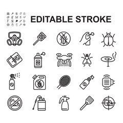 Set of icons related to pest and insect control. Thin line vectors. Contains icons such as insects, pesticides and more.