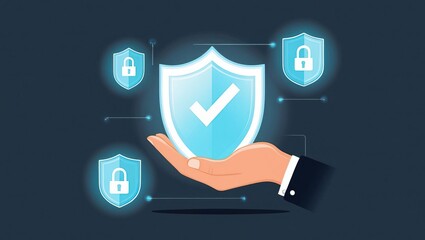 A digital illustration of a hand holding a shield symbolizing security, surrounded by icons of padlocks and shields, representing protection and cybersecurity.