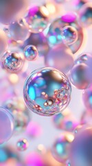 A mesmerizing display of iridescent spheres, a captivating digital art piece with pastel colors and holographic effects.
